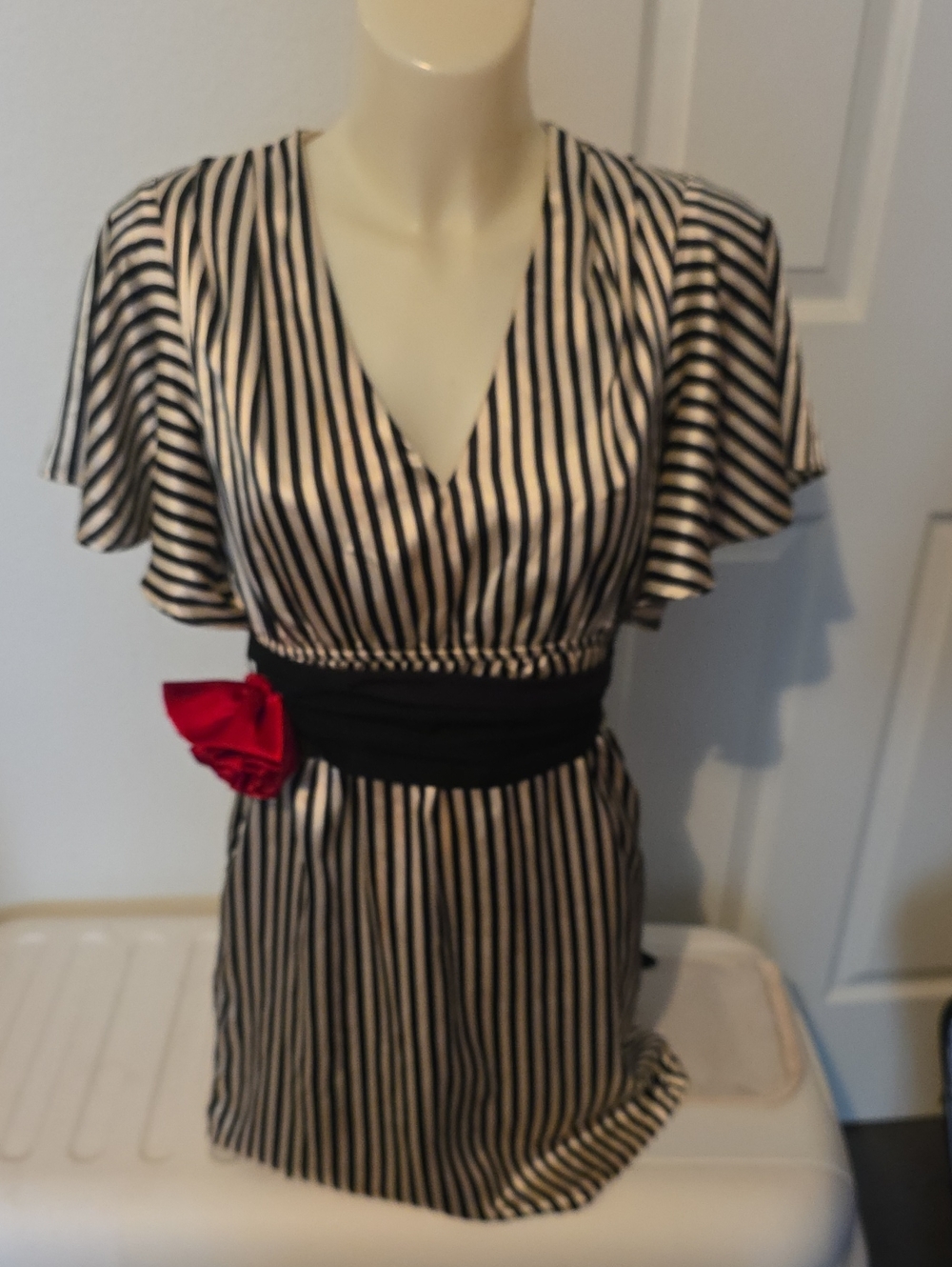 Judith March Black and White Striped Midi Dress with Red Flower Accent